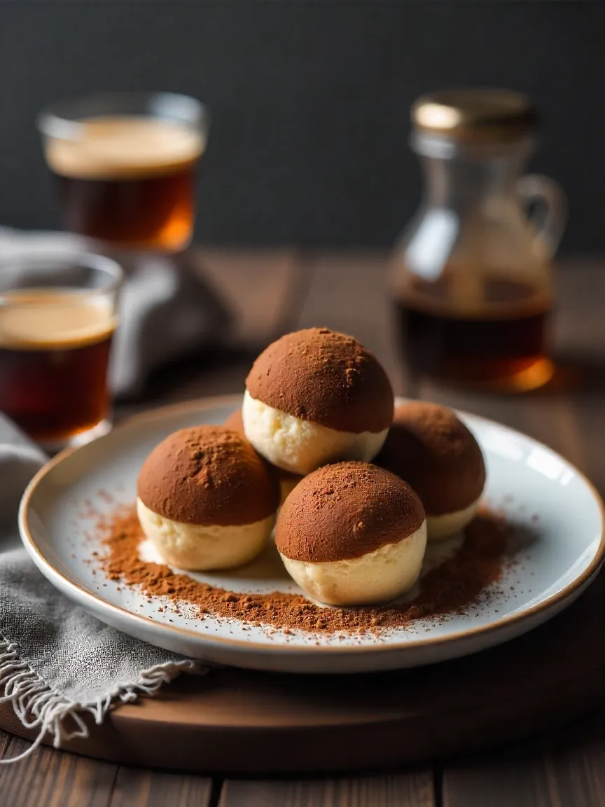 Tiramisu balls with hazelnut spread, dusted in espresso and cocoa powder, served with coffee liqueur and Irish cream.