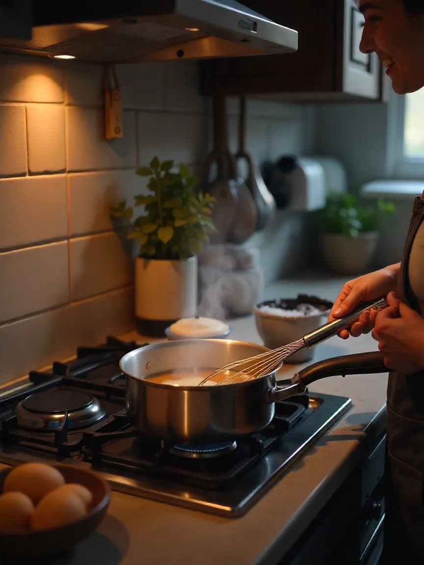 Person stirring bubbling caramel with butter and cream in a warm kitchen setting.