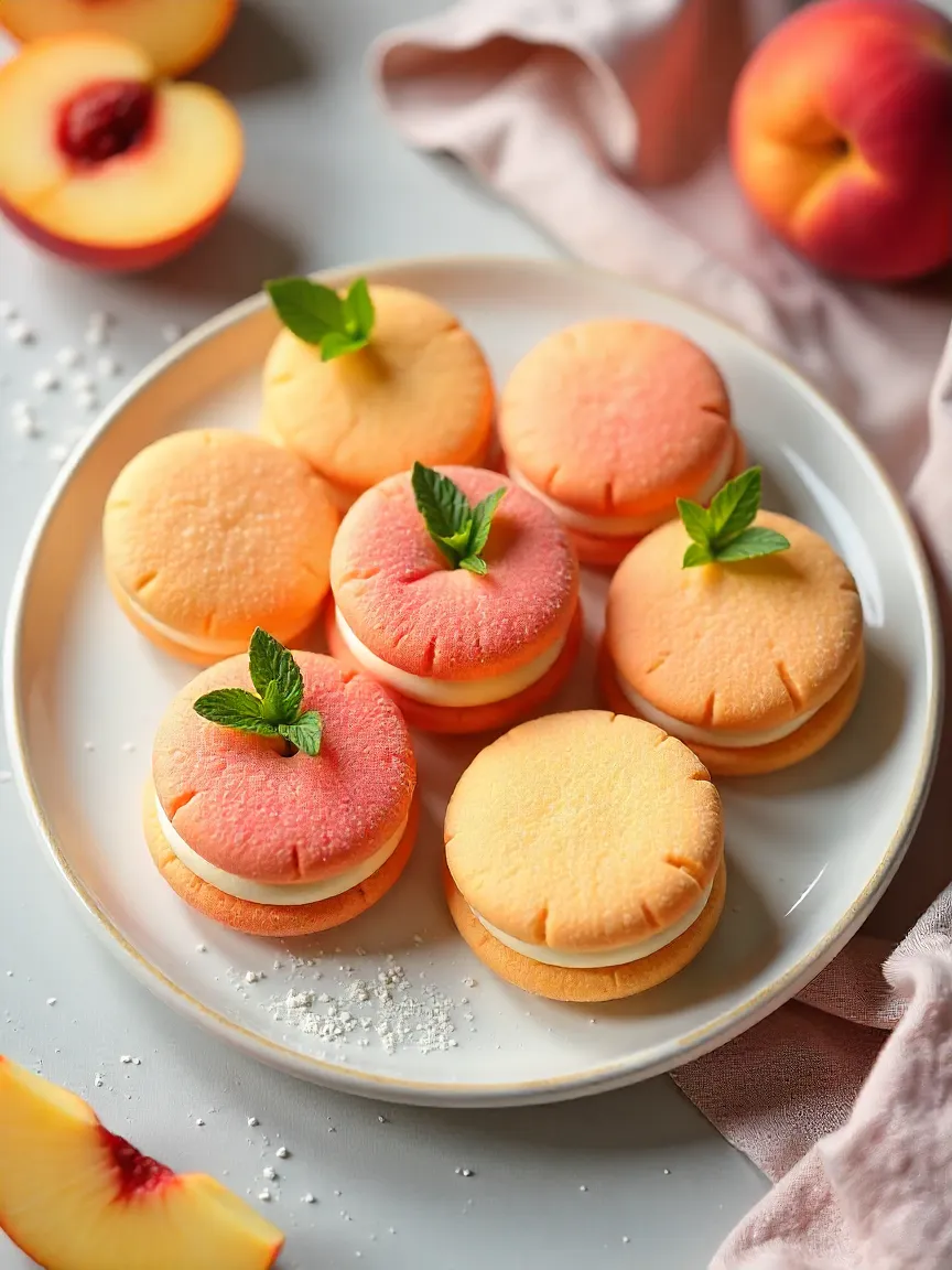 Two peach-shaped ricotta cookies with creamy filling, dusted in sugar, resembling ripe peaches