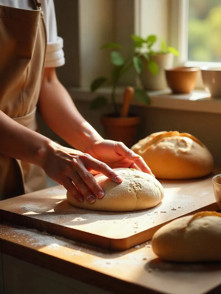 Hands dusted with flour shaping dough on wooden board, warm loaf cooling nearby, flour scattered, rustic kitchen tools, and soft natural light.