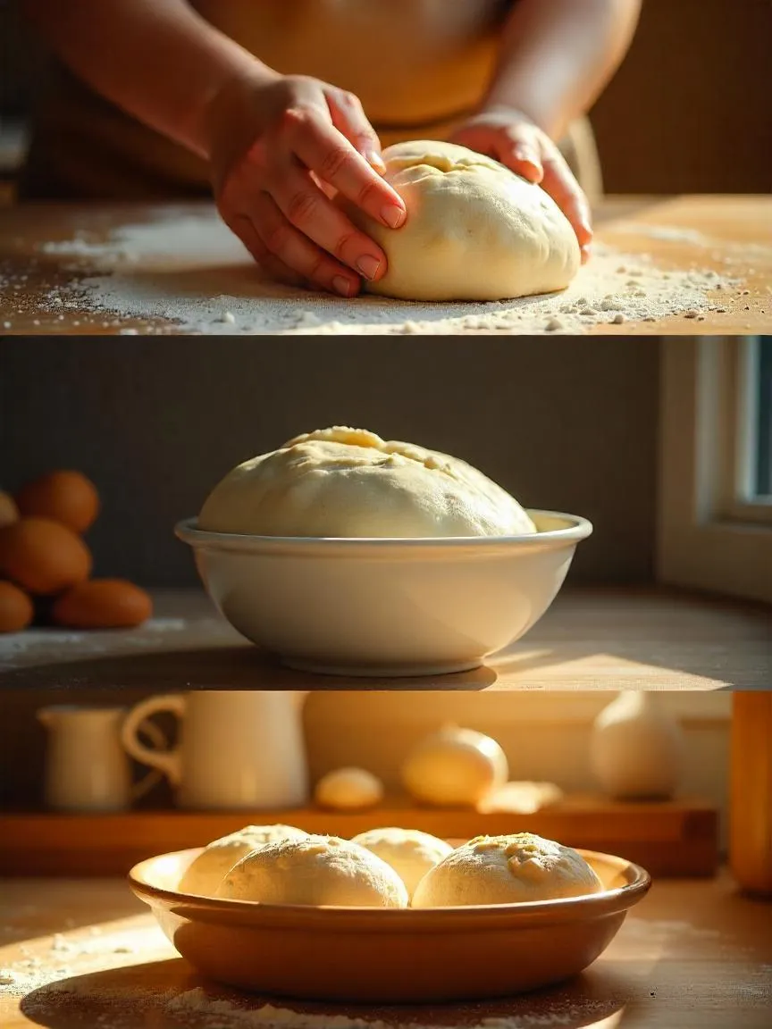 Hands shaping soft risen bread dough on floured surface in cozy kitchen setting.
