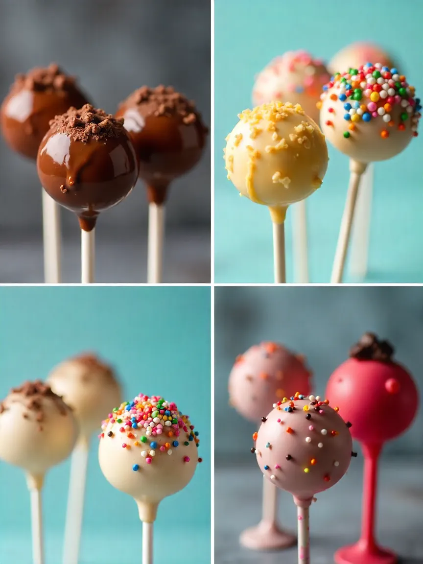 Decorated cake pops with sprinkles, edible eyes, gold dust, and festive designs