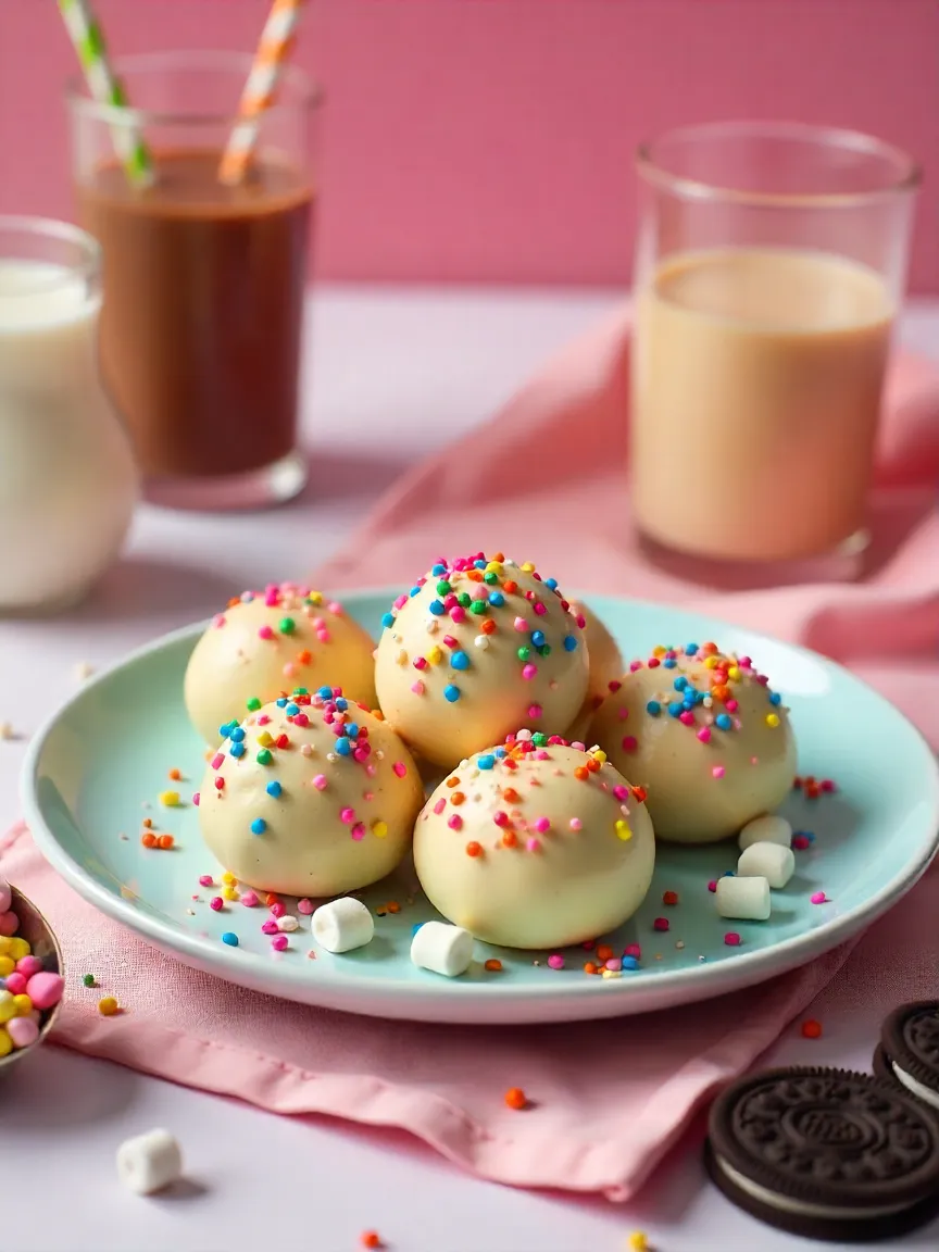 Kid-friendly tiramisu balls rolled in sprinkles, crushed Oreos, and marshmallows next to chocolate milk and almond milk glasses.