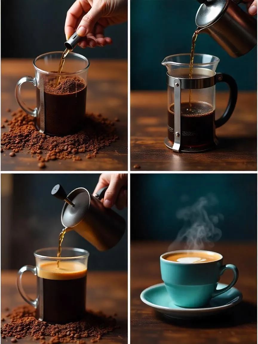 Collage of French press coffee making: coarse grounds, pouring water, stirring, pressing plunger, and a steaming cup.