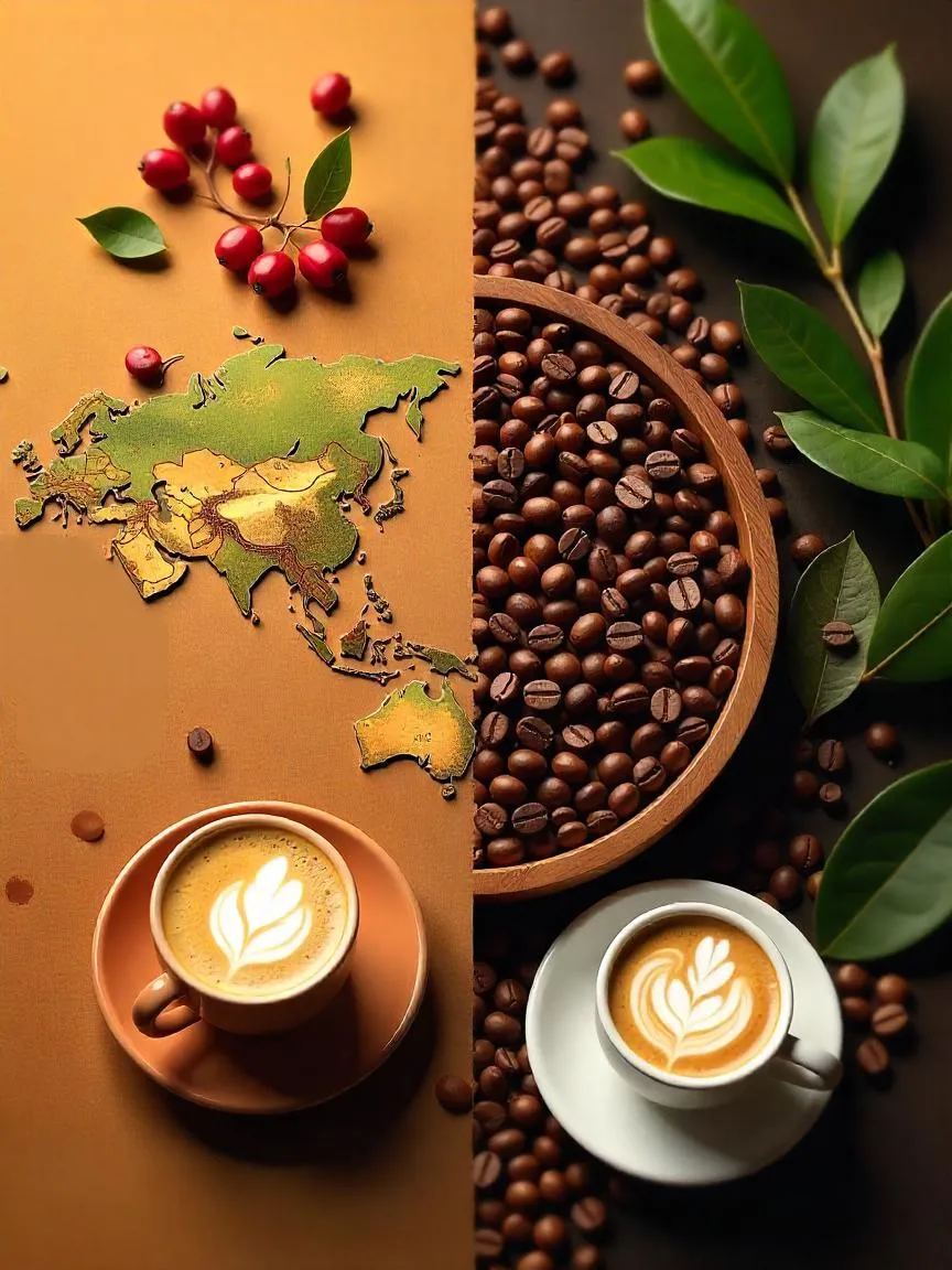 Collage showing light, medium, and dark roasted coffee beans with corresponding coffee cups and flavor notes.