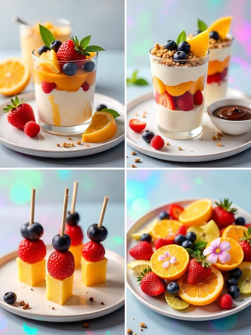 Collage showing colorful fruit salad, yogurt parfaits, fruit skewers with chocolate dip, and an artistic fruit and cheese board.