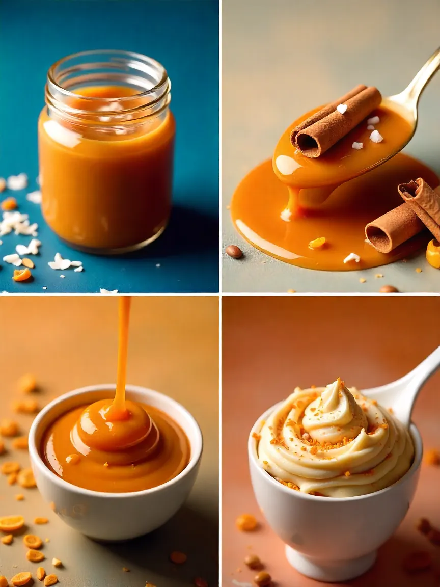 Collage of salted, spiced, coffee-infused, and dairy-free caramel variations.