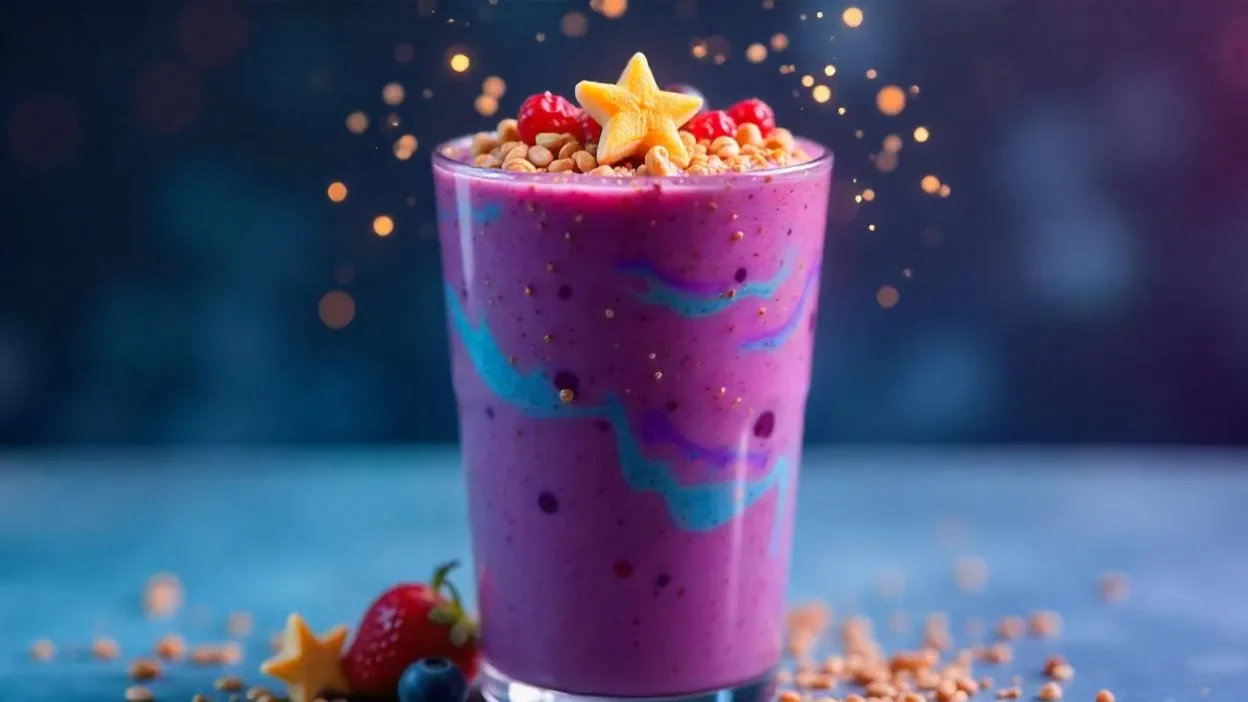 A beautifully layered smoothie in a clear glass featuring rich purple, blue, and golden hues with crunchy seeds and fresh star-shaped fruit pieces on top, capturing a natural cosmic look.