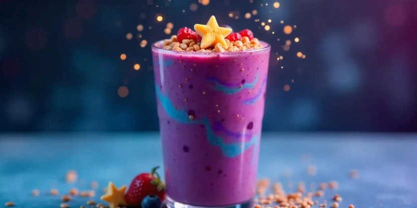 A beautifully layered smoothie in a clear glass featuring rich purple, blue, and golden hues with crunchy seeds and fresh star-shaped fruit pieces on top, capturing a natural cosmic look.