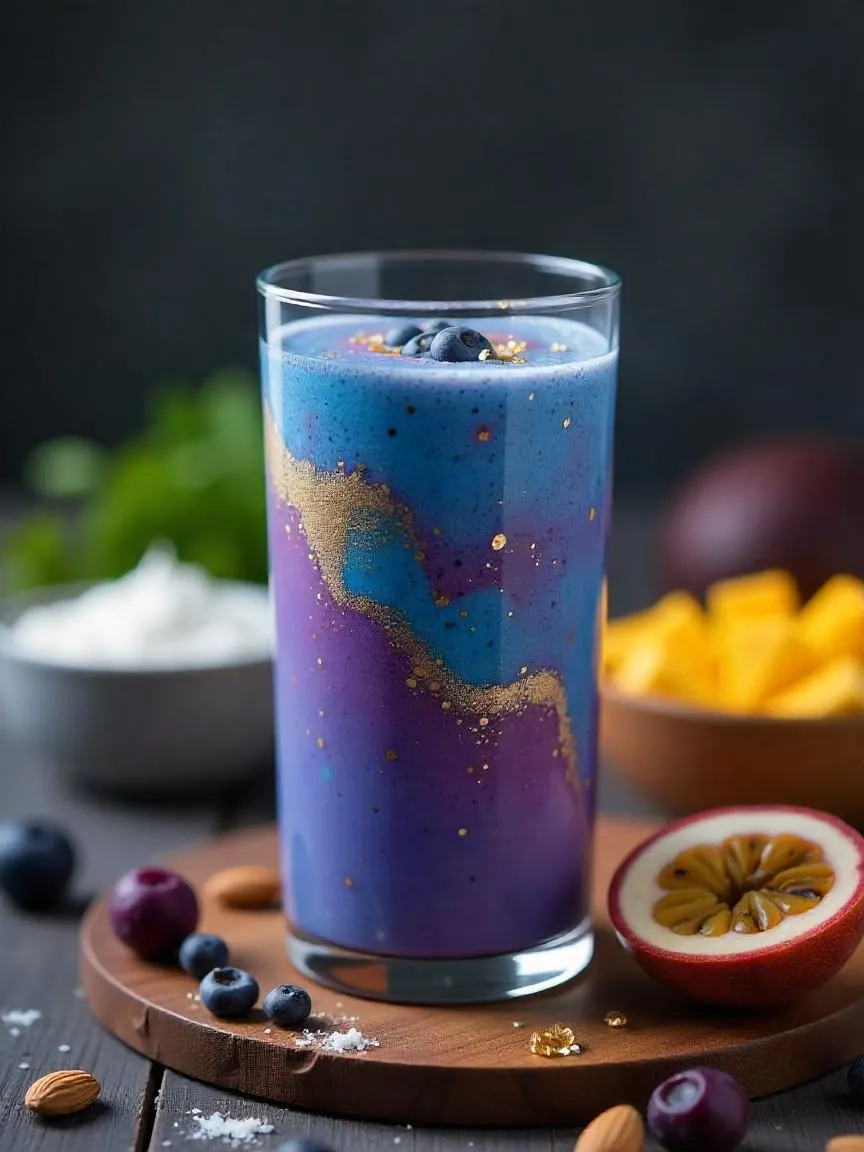 A close-up of a tall clear glass filled with a galaxy-inspired smoothie, featuring swirling layers of deep blue, purple, and gold. The smoothie glistens with edible shimmer and is set against a softly blurred background evoking a calm, cozy morning atmosphere — a perfect symbol of nourishment and mindful indulgence.