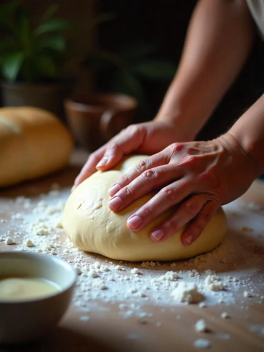 Hands kneading sticky bread dough on floured surface with yeast mixture nearby.