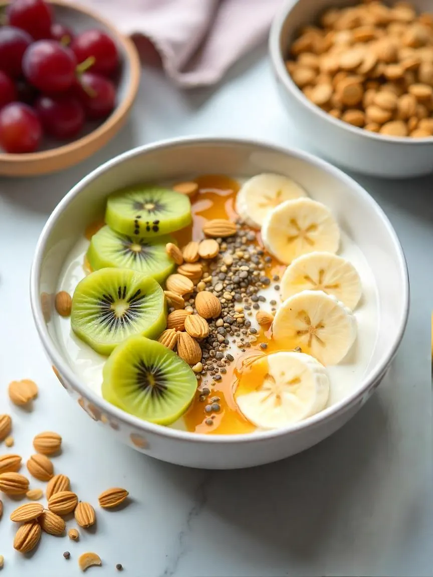 Bowl of Greek yogurt topped with banana, kiwi, almonds, pumpkin seeds, flax seeds, and honey drizzle, representing a light yet powerful breakfast option.