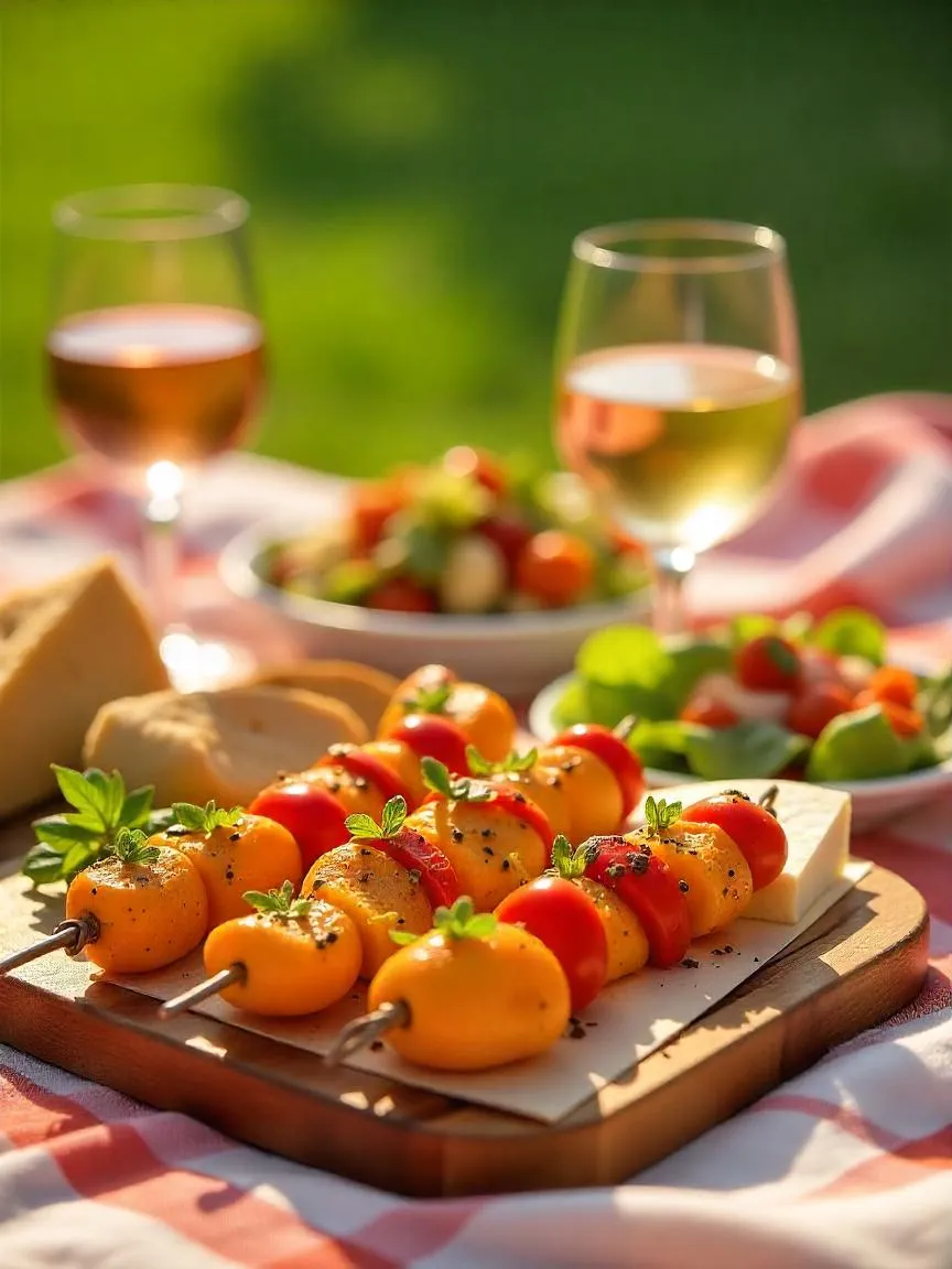 Summer picnic with cheese board, grilled skewers, fresh salads, and chilled rosé and white wine glasses.