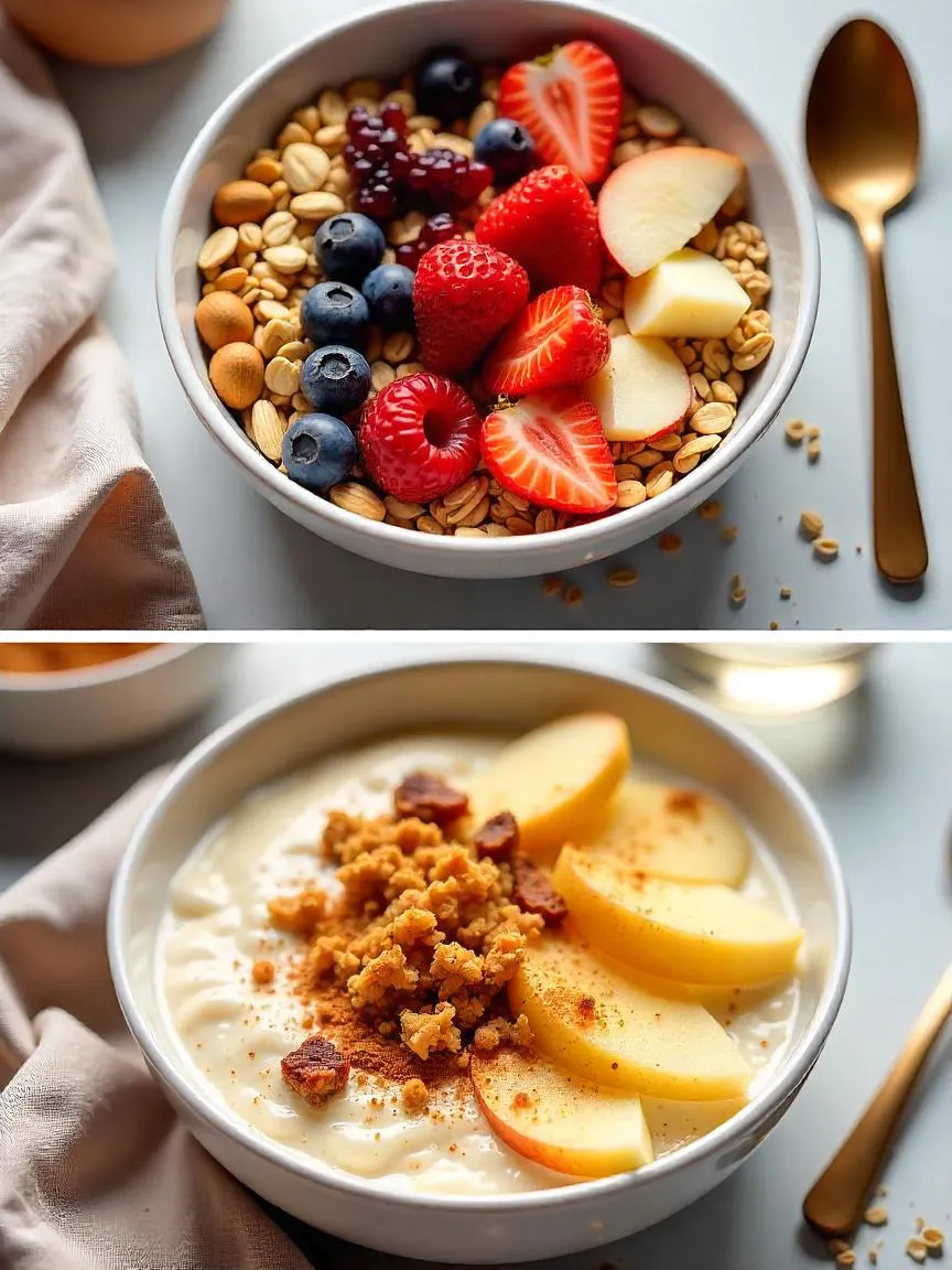 Collage of two bowls of homemade muesli: one with nuts, seeds, and fresh berries; the other creamy Bircher-style with grated apple and cinnamon.