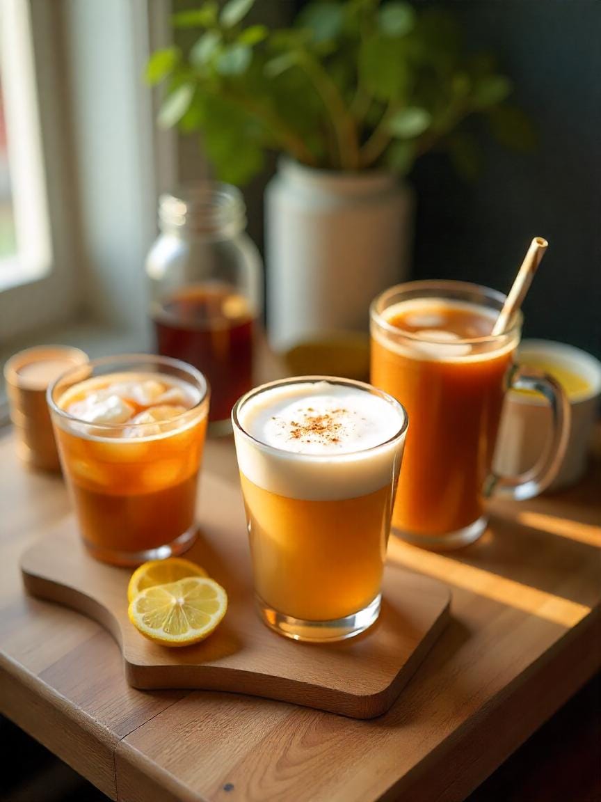 Cozy homemade café-style drink station with cold brew, chai latte, iced matcha, syrups, and milk options.