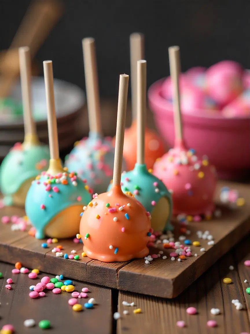 Homemade colorful cake pops on wooden board with sprinkles and candy coating