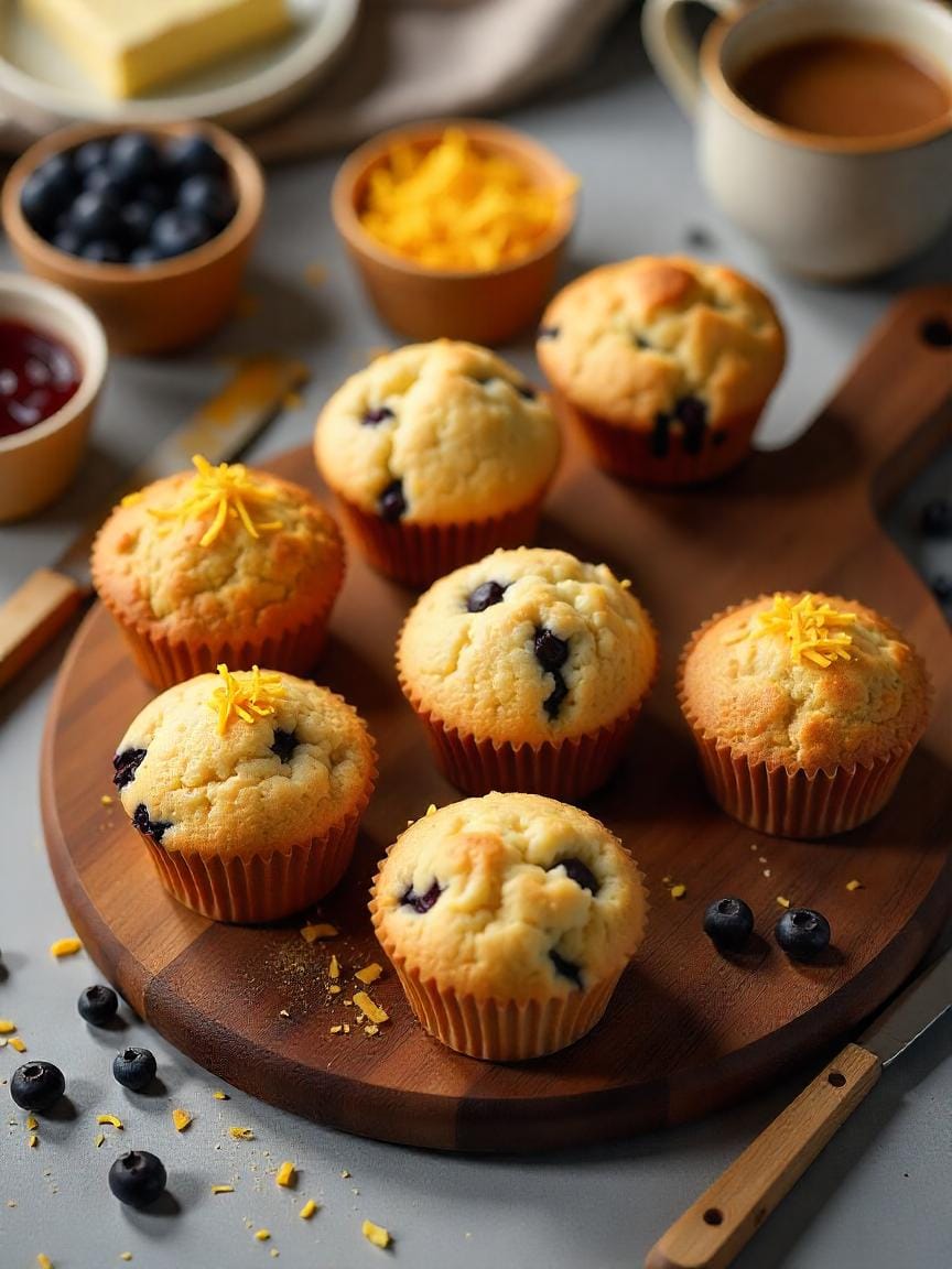 Assorted homemade muffins with sweet and savory flavors served on a wooden board with jam and butter.