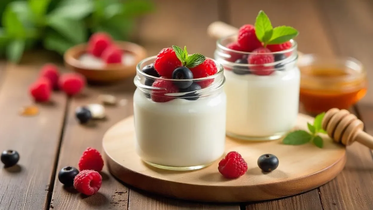 Homemade yogurt in glass jars with berries and honey on a wooden table.