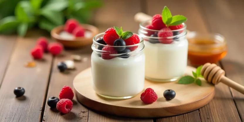 Homemade yogurt in glass jars with berries and honey on a wooden table.