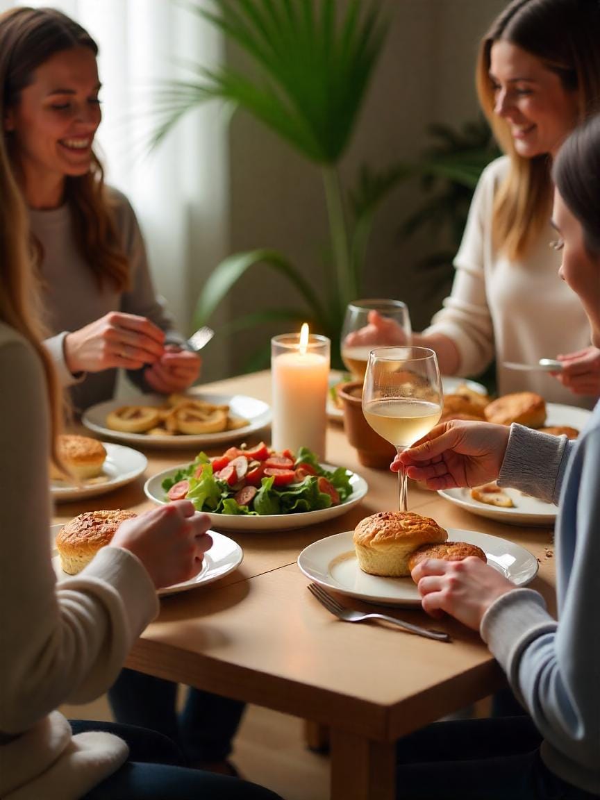 Cozy brunch table with family-style dishes, lit candle, blanket on chair, and casual, relaxed vibe.