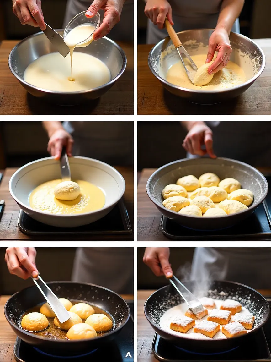 Step-by-step process of making vanilla beignets from dough to sugar-dusted finish.