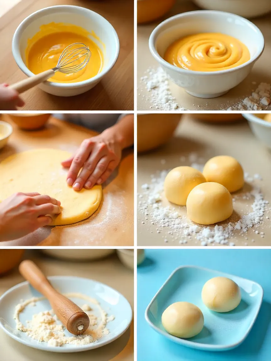 Step-by-step mochi dough preparation with rolling, dusting, and cutting circles on a cornstarch-dusted surface.