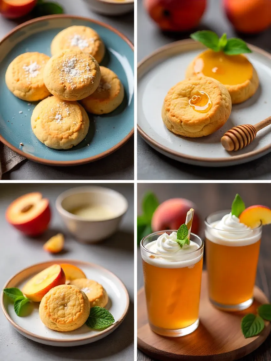 Collage showing peach cookies with powdered sugar, honey drizzle, mint garnish, whipped cream, and cold drinks