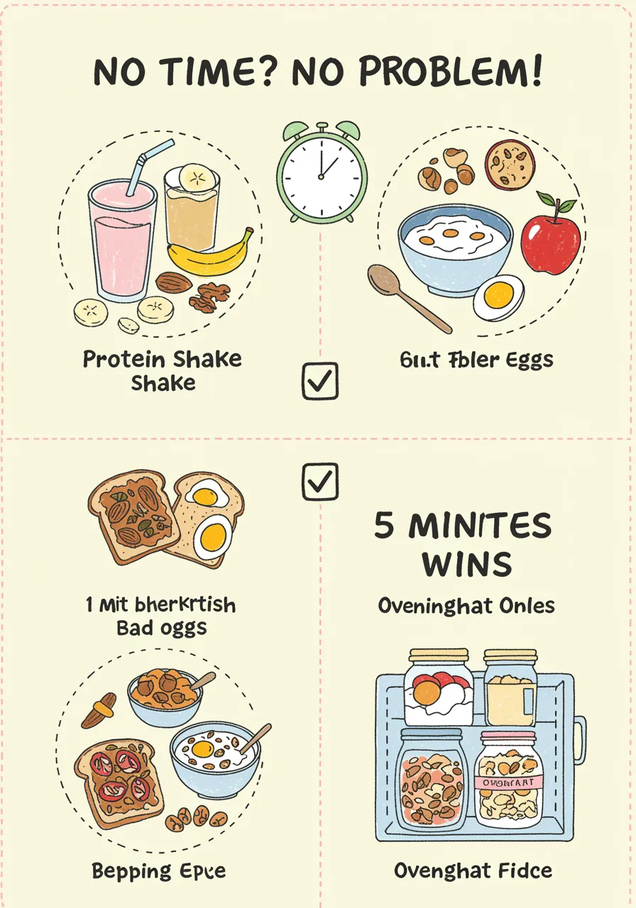 Checklist of quick breakfast ideas with icons: 1-minute options like protein shake with banana, yogurt with nuts, hard-boiled eggs with apple; and 5-minute options like nut butter toast, yogurt bowl, and overnight oats.