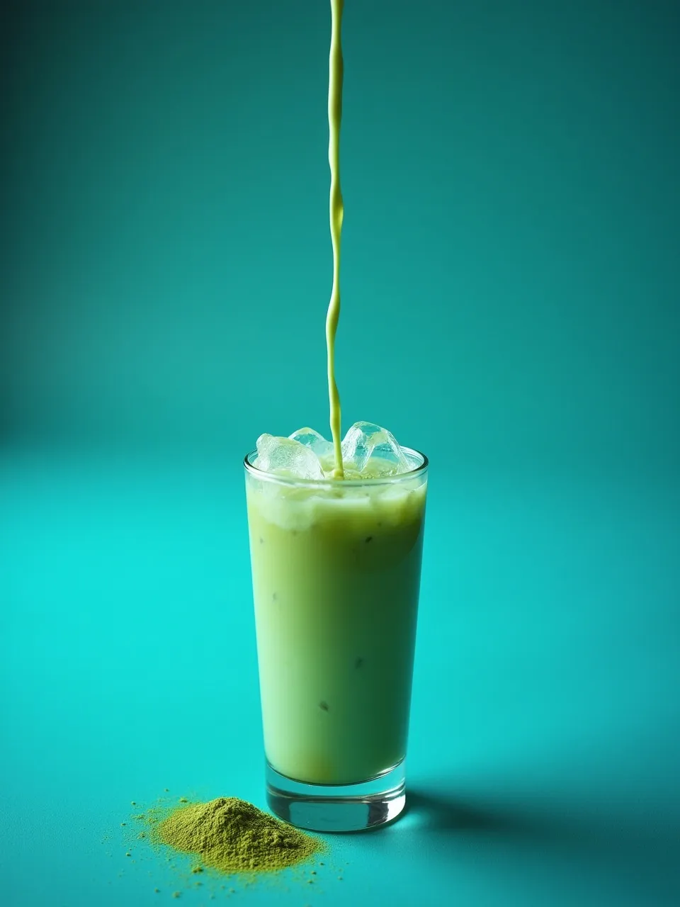 Collage of iced matcha latte being prepared with matcha, ice, and milk in a clear glass.