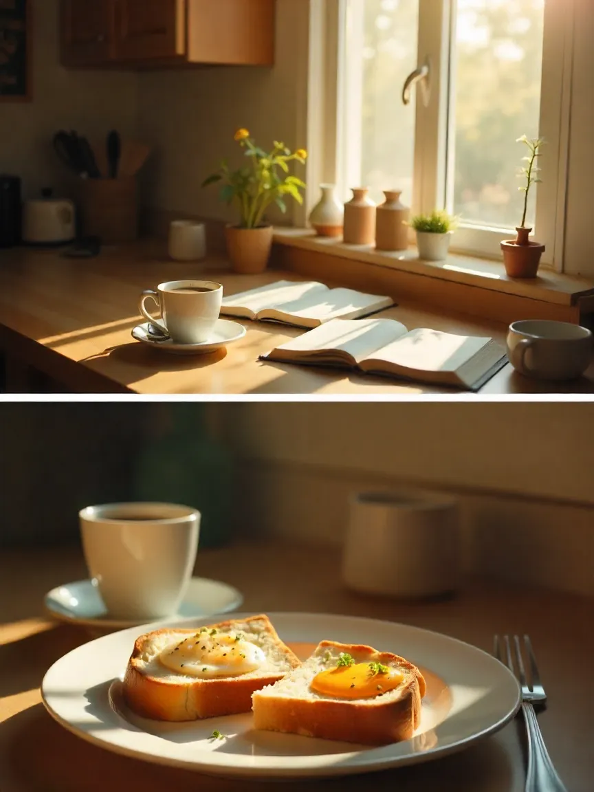 Cozy kitchen scene with simple breakfast of toast and coffee; person enjoying a quick, unpretentious breakfast moment.