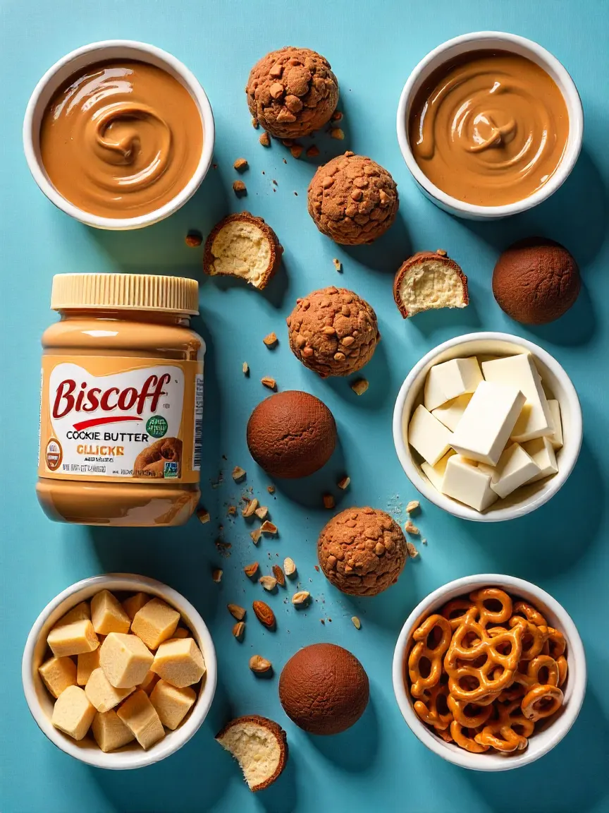 Collage of ingredient alternatives like cookie butter, peanut butter, vegan cream cheese, dairy-free chocolate, pretzels, and nuts.