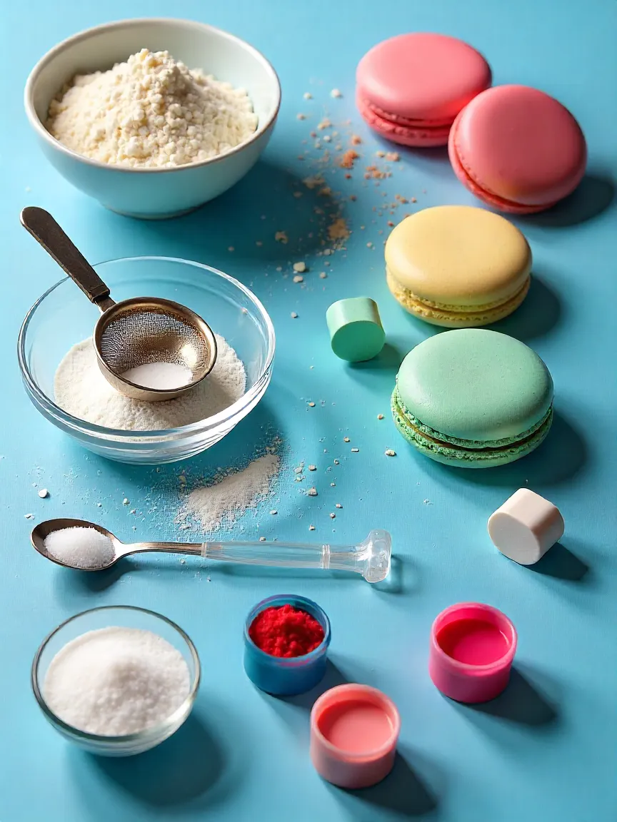 Collage of almond flour, powdered sugar, egg whites, granulated sugar, and colorful food coloring for macarons.