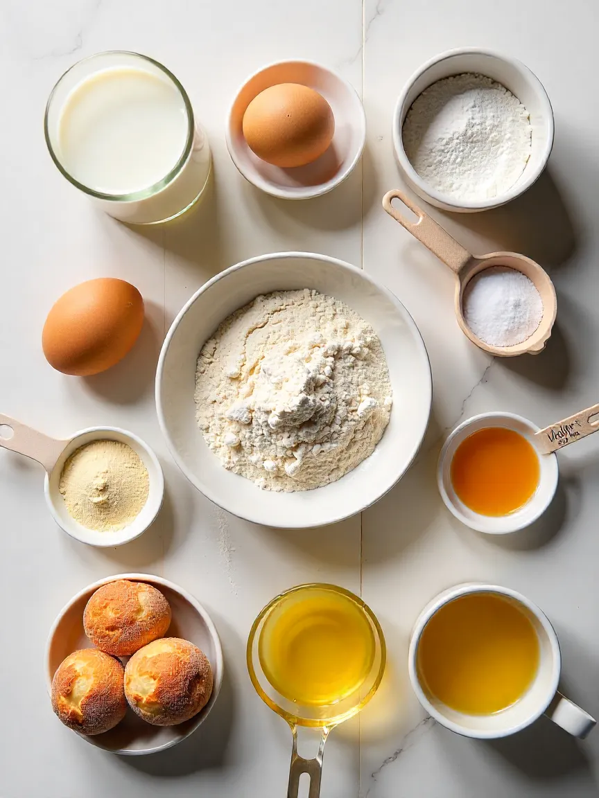 Flat lay collage of vanilla beignet ingredients: milk, sugar, flour, egg, salt, yeast, vanilla, oil, and powdered sugar on a kitchen surface.