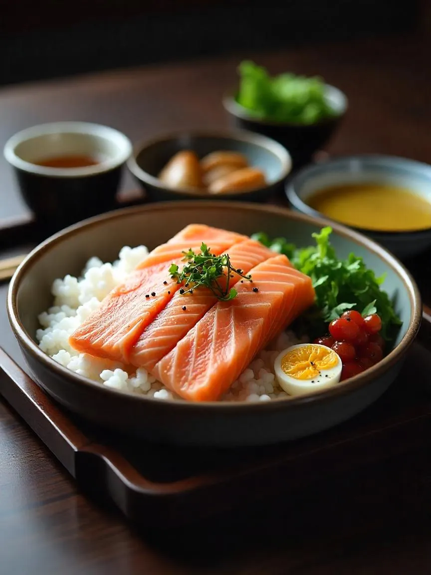Traditional Japanese breakfast with rice, grilled fish, miso soup, and pickled vegetables.