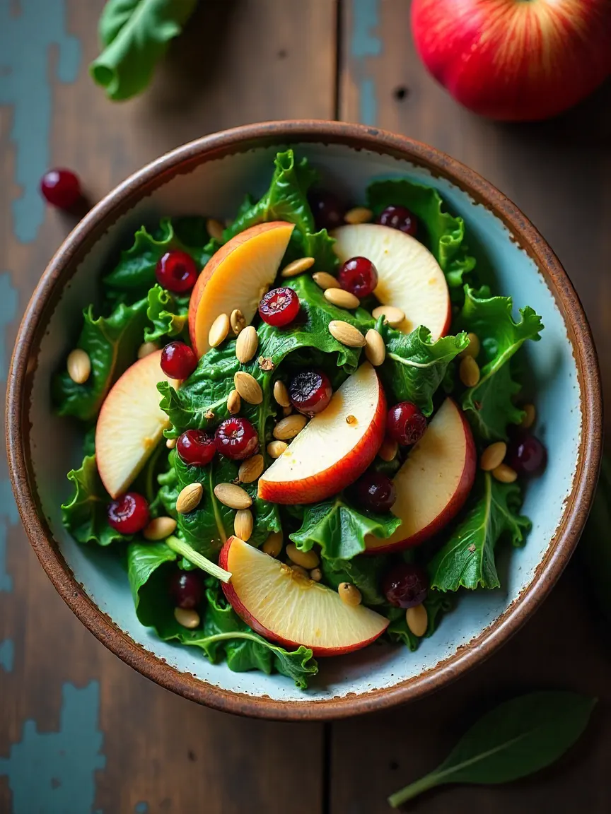Kale salad mixed with sliced apples, dried cranberries, almonds, and dressed with apple cider vinaigrette.