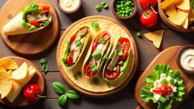Lavash snacks assortment with wraps and crispy chips on wooden boards.