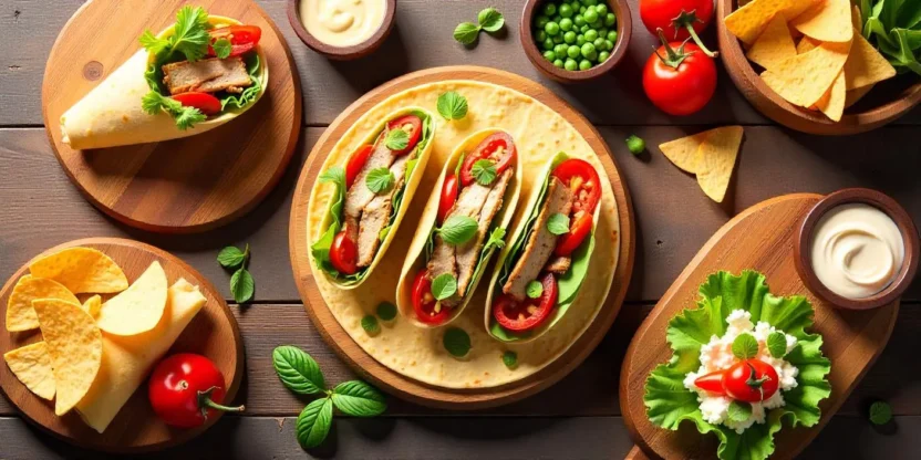 Lavash snacks assortment with wraps and crispy chips on wooden boards.