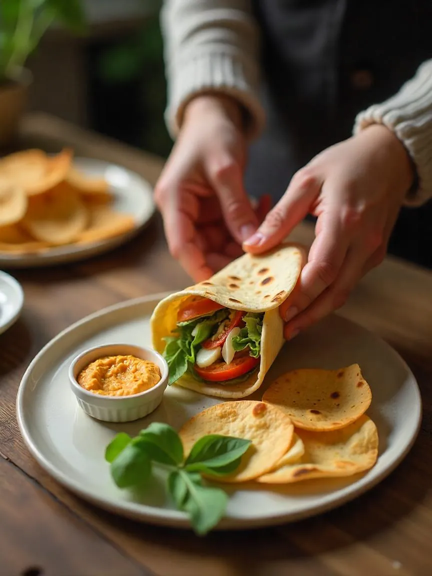 Lavash wraps and chips with dips on a cozy kitchen table.