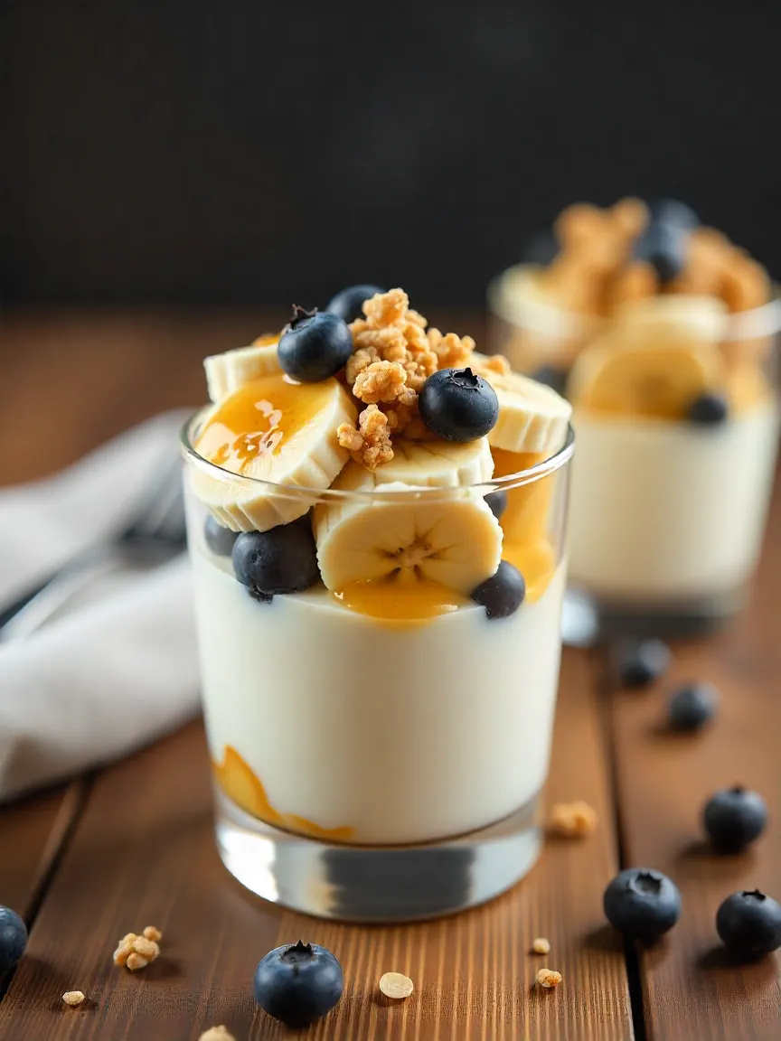 Glass of Greek yogurt parfait layered with bananas, blueberries, honey, and granola; hands assembling yogurt parfait with toppings.