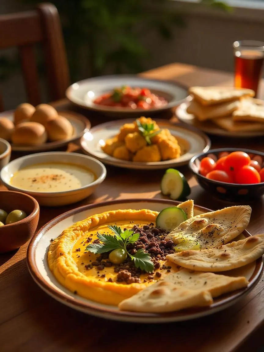 Middle Eastern breakfast with hummus, labneh, olives, za’atar flatbread, fresh vegetables, falafel, foul medames, pita bread, and cardamom coffee on a shared table.