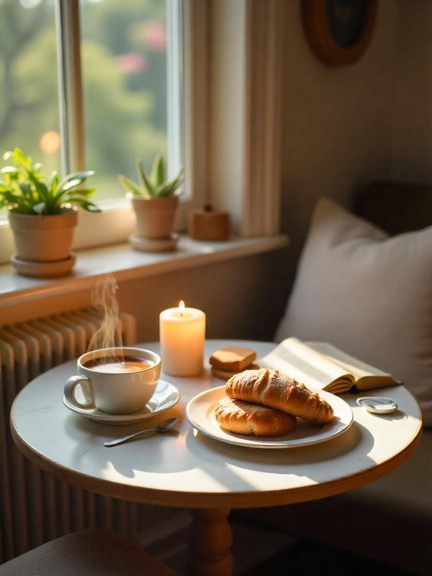 Cozy home brunch scene with tea, toast, candlelight, and soft natural light, evoking warmth and relaxation.