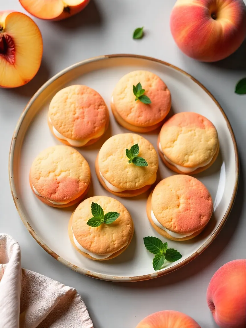 Warm and inviting flat lay of rustic peach-shaped cookies filled with creamy ricotta, styled to evoke a cozy, homemade feel.