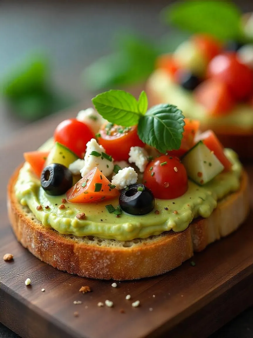 Sourdough toast topped with mashed avocado, chopped tomatoes, kalamata olives, cucumber, crumbled feta, olive oil, za’atar, and fresh herbs
