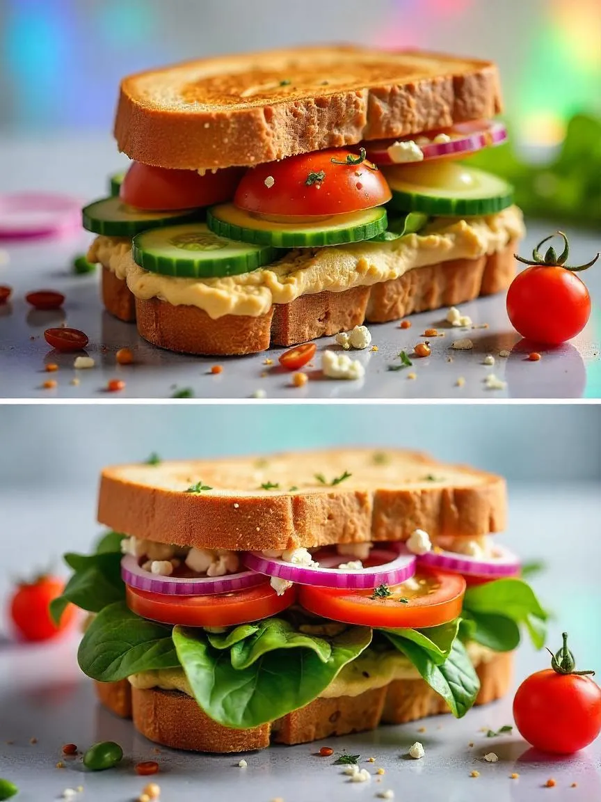Stacked veggie sandwich with hummus, cucumber, tomato, red onion, feta, spinach, and balsamic drizzle on whole grain bread.