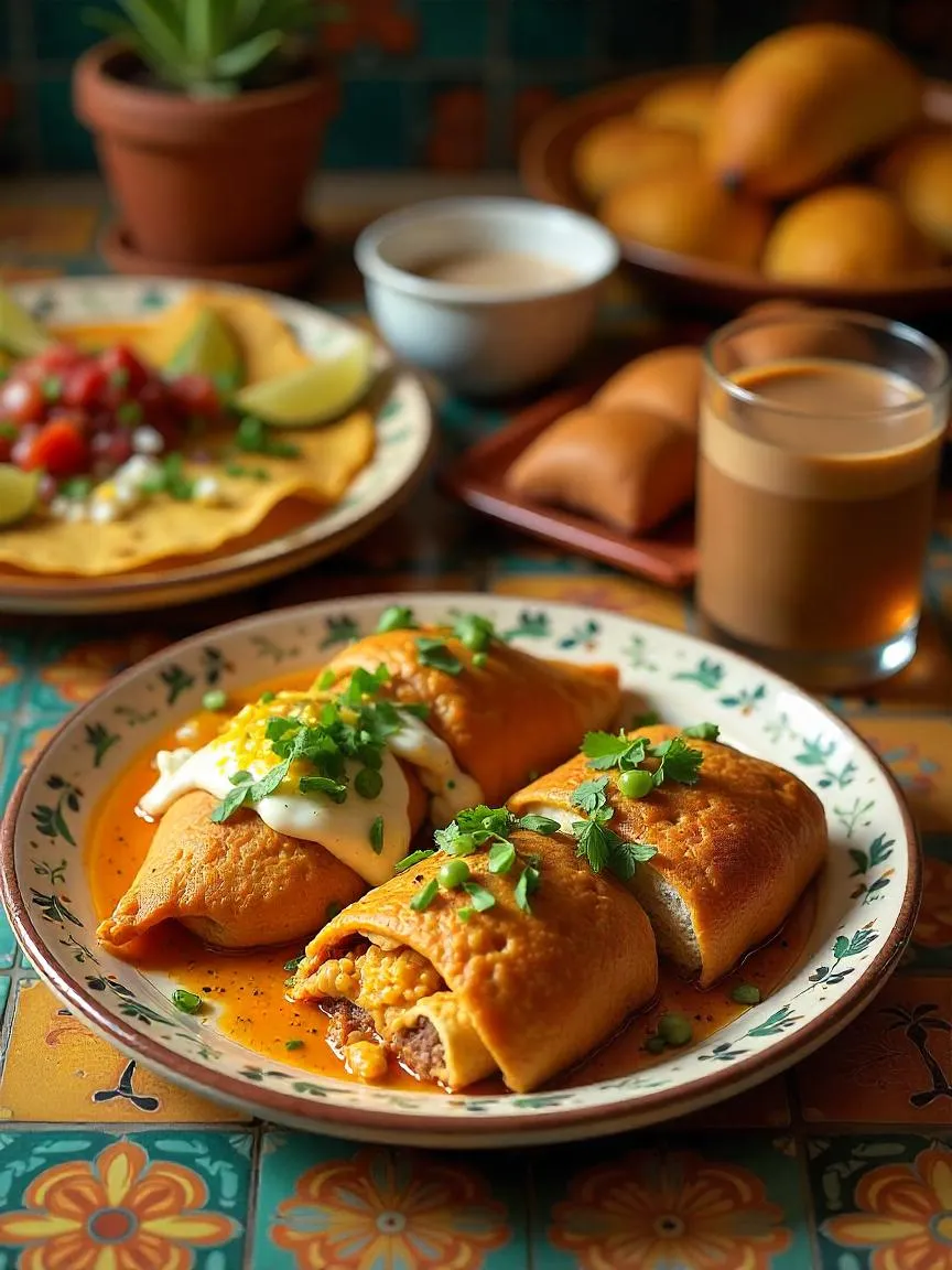 Colorful Mexican breakfast with chilaquiles, huevos rancheros, tamales, sweet bread, atole drink, and a cup of spiced café de olla.