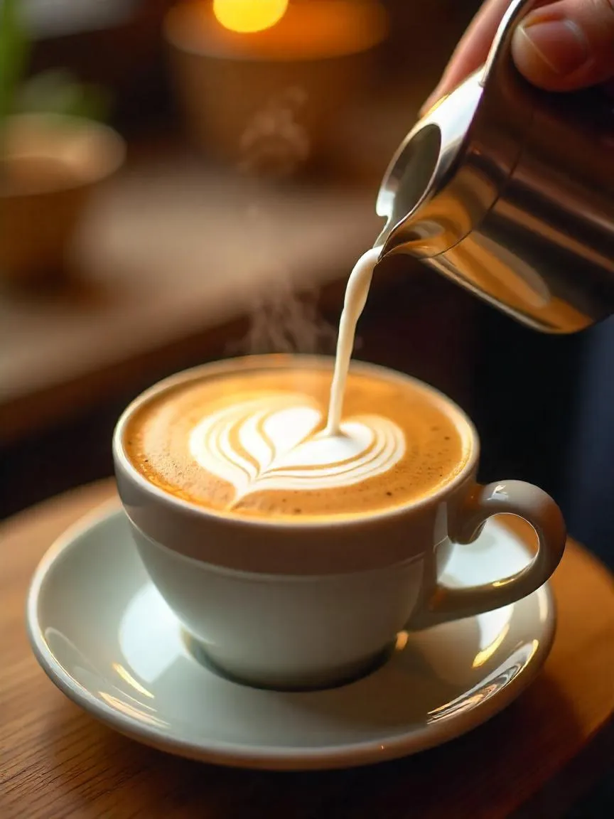 Collage showing milk steaming, frothing with a steam wand, pouring microfoam into espresso, and latte art with hearts and swirls.