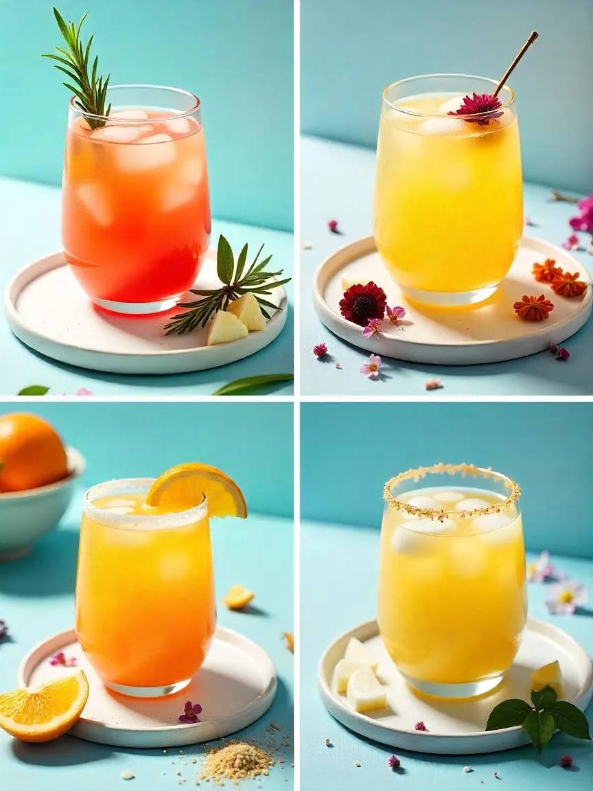 Collage of creative mimosa variations and DIY mimosa bar setup with juice, fruit, and herbs.