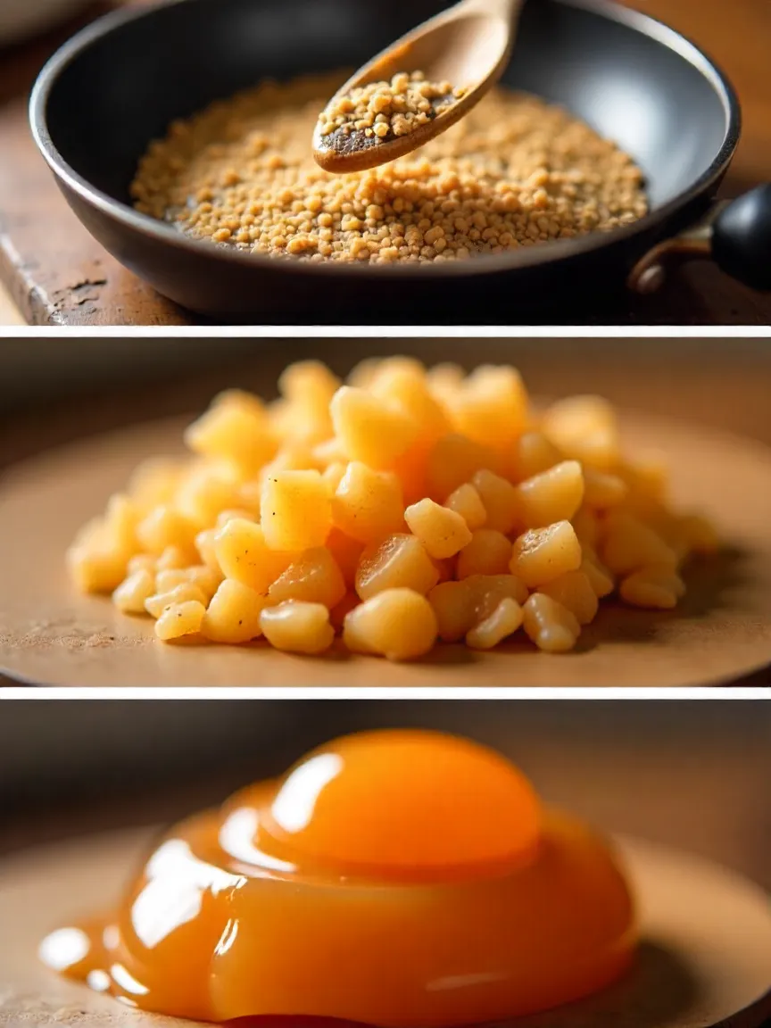 Collage of burnt sugar, crystallized caramel, and seized caramel sauce mistakes.