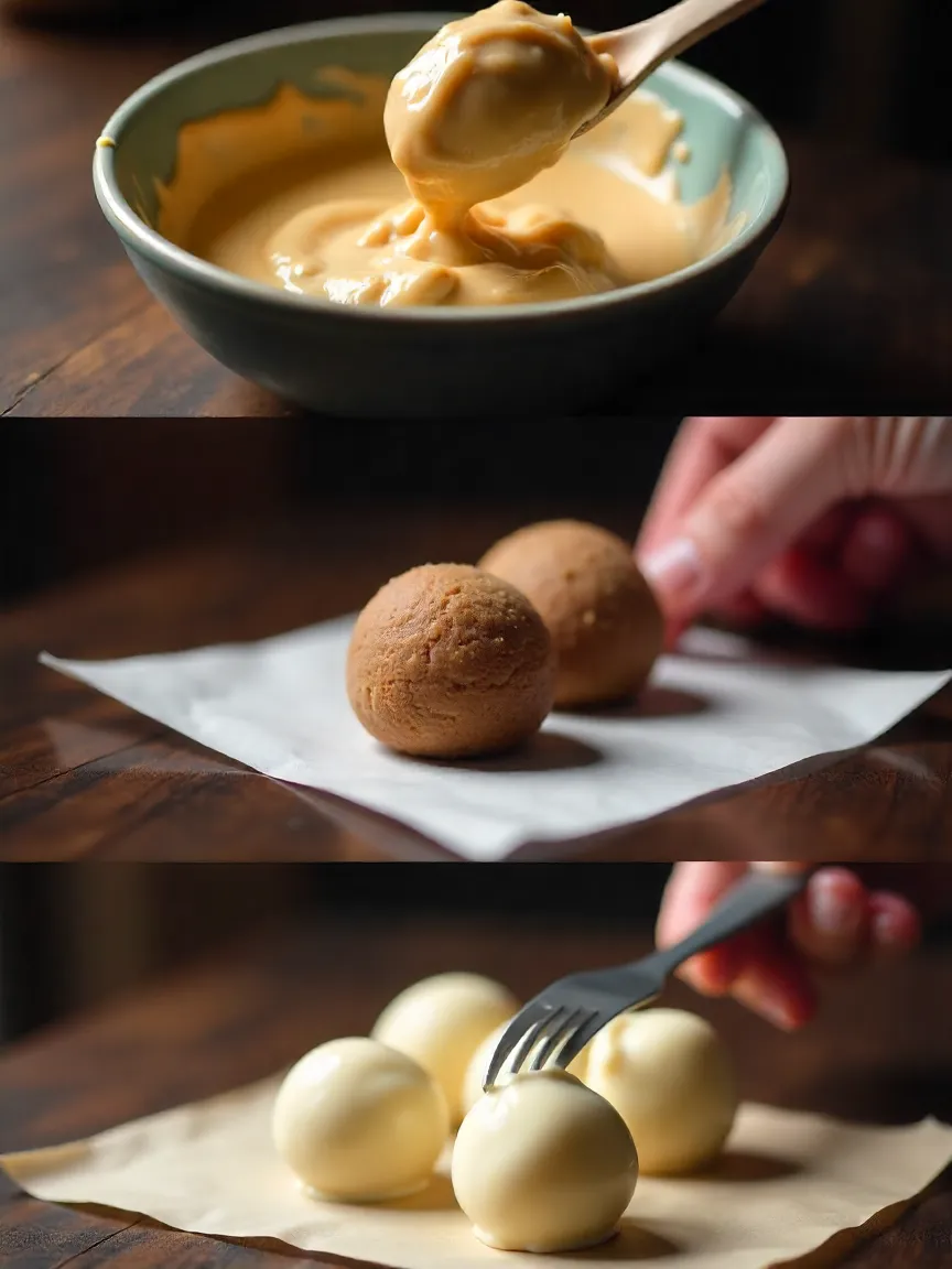 Collage of mixing Biscoff filling, rolling truffle balls, and dipping them in white chocolate.