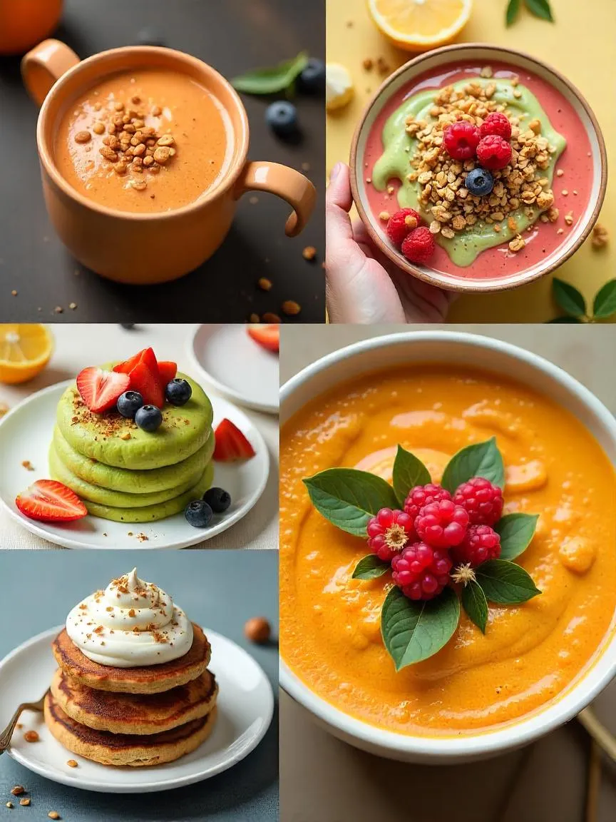 Collage of modern breakfast foods including smoothie bowls, avocado toast, chia pudding, protein pancakes, and oat milk latte, highlighting global health and wellness trends.